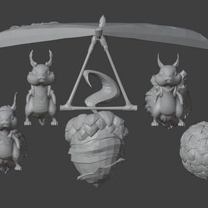 May include: A 3D printed model of a flying squirrel with a propeller and a basket. The squirrel is holding a small acorn in its paws. The model is made of grey plastic and is about 25 cm tall.