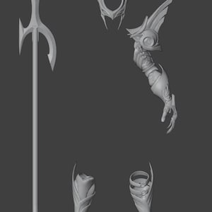 Puede incluir: Colección de piezas de armadura de fantasía renderizadas en 3D, que incluyen un tridente, un casco alado, una pieza de brazo detallada y protectores de piernas. Las piezas son de color gris neutro, lo que sugiere un modelo digital.