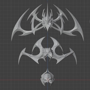 May include: A set of five 3D printed, gray, detailed, fantasy-style weapons. The set includes a sword, a dagger, and three helmets.