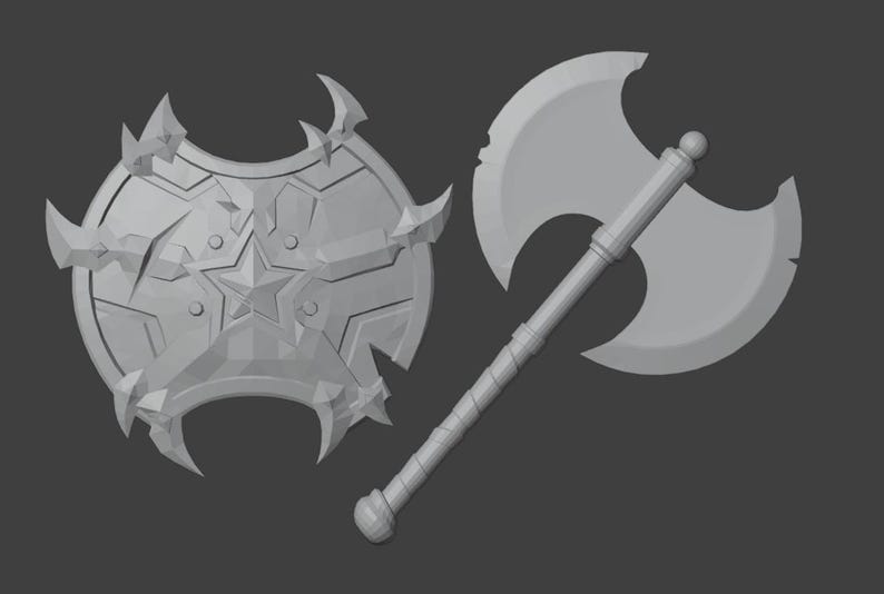 May include: A 3D printed model of a fantasy shield and axe. The shield is round with a star in the center and spikes around the edge. The axe has a double-headed blade and a long handle.