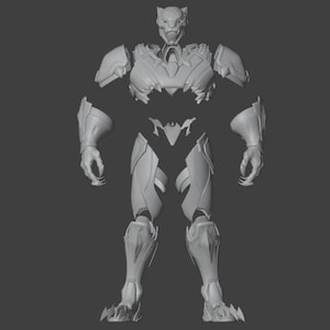 May include: A 3D printed model of a robotic panther, disassembled into separate pieces. The model is made of gray plastic and features a detailed design with sharp edges and intricate details.