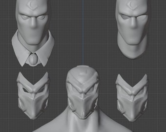 Op de afbeelding: Een 3D-model van een gemaskerd personage met verschillende weergaven van het hoofd en het masker. Het masker heeft een halve maanontwerp op het voorhoofd.