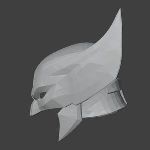 K&ouml;nnte beinhalten: Ein graues 3D-gedrucktes Modell eines Helms mit einer spitzen Oberseite und einer Gesichtsmaske. Der Helm ist so konzipiert, dass er einem Charakter aus einem beliebten Comic &auml;hnelt.
