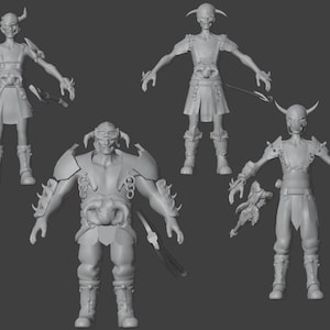 May include: Four detailed 3D models of fantasy creatures, each with unique horns, armour, and weapons. The models are posed in a variety of dynamic stances, showcasing their intricate details.