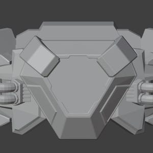 May include: A grey, futuristic-looking belt with a central, geometrically shaped panel and two side panels with intricate details. The belt has a segmented design with multiple connected pieces.