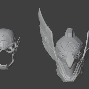 Op de afbeelding: Twee 3D-geprinte maskers, een met een gevleugeld ontwerp en de andere met een traditioneler superheldenmaskerontwerp.