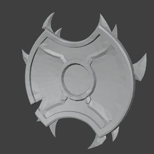 May include: A gray, spiky shield with a circular center and a three-pointed design.