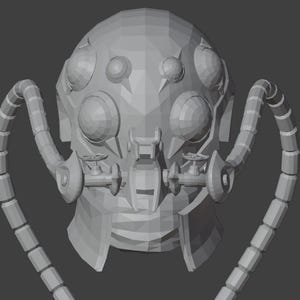 Könnte beinhalten: Ein detailliertes 3D-Modell eines futuristischen Helms in Grau mit mehreren großen, runden Augen und zwei langen, segmentierten Schläuchen, die sich an den Seiten erstrecken.