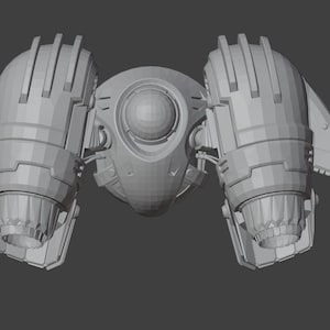 May include: A gray, detailed model of a futuristic spaceship with two large engines on the sides and a central sphere with a circular window.