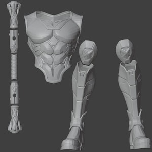May include: A grey, 3D-rendered set of armour components, including a chest piece, two leg pieces, and a staff. The chest piece has a detailed, muscular design. The leg pieces feature a knee and ankle guard. The staff is segmented with decorative elements.
