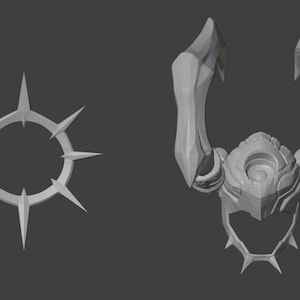 May include: A 3D printed model of a crown with a circular base and sharp points. The crown is made of a light grey material. The crown is a decorative item that can be used for cosplay, props, or other creative projects.