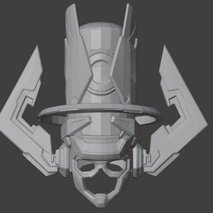 Könnte beinhalten: Ein graues 3D-gedrucktes Modell des Kopfes der Marvel-Comics-Figur Galactus. Das Modell verfügt über einen detaillierten Helm mit einem großen, zentralen Auge und einem kleineren, unteren Gesicht mit einem Mund und zwei Augen.