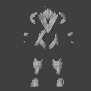May include: A 3D printed model of a futuristic armour suit, disassembled into individual pieces. The armour is made of a grey plastic and has a geometric design.