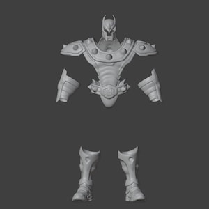 Puede incluir: Un conjunto de armadura de superhéroe gris impreso en 3D, que incluye un casco, una pieza para el pecho, hombreras, protectores de brazos y armadura para las piernas. La armadura presenta un diseño detallado con formas redondeadas y elementos decorativos.