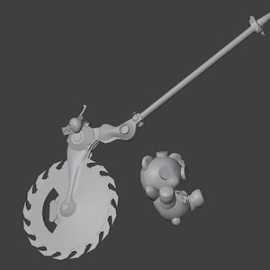 Puede incluir: Un modelo 3D de un arma futurista con una hoja de sierra circular, un largo eje en forma de lanza y un objeto redondo texturizado.