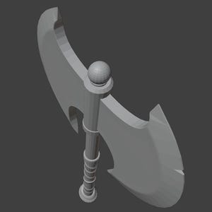 May include: A gray double-headed axe with a rounded pommel and a textured handle.