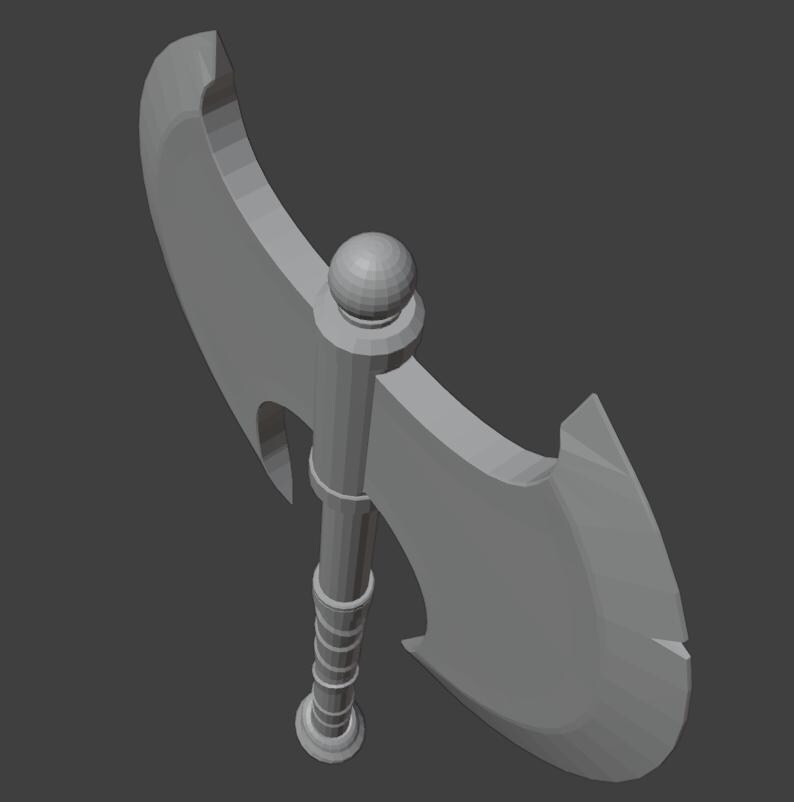 May include: A gray double-headed axe with a rounded pommel and a textured handle.