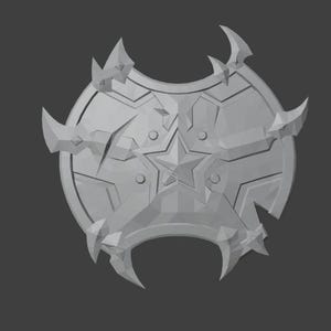 May include: A gray, star-shaped shield with a five-pointed star in the center and sharp, pointed edges.