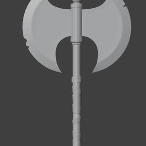 May include: A gray double-headed axe with a long, textured handle. The axe head has a curved shape and a sharp edge.