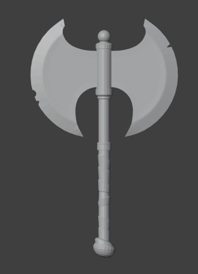 May include: A gray double-headed axe with a long, textured handle. The axe head has a curved shape and a sharp edge.