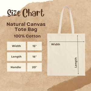 May include: A natural canvas tote bag with dimensions displayed. The bag is 38 cm wide, 41 cm long, and has a 51 cm handle. The text on the image reads "Size Chart", "Natural Canvas Tote Bag", and "100% Cotton".