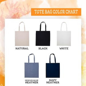 May include: A colour chart showing five tote bags in different colours: natural, black, white, medium blue heather, and navy heather. The text "TOTE BAG COLOUR CHART" is displayed at the top. Each bag has its colour name below.
