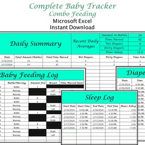 Peut inclure: Un suivi de bébé imprimable au format Microsoft Excel. Le suivi comprend un résumé quotidien, un journal d'alimentation du bébé, un journal du sommeil et un journal des couches. Le suivi est conçu pour aider les parents à suivre l'alimentation, le sommeil et les changements de couches de leur bébé.