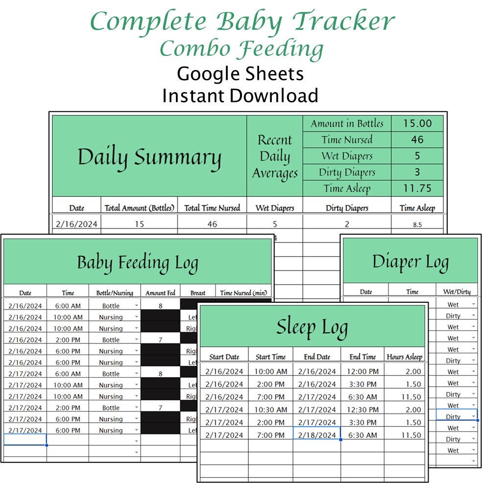 Complete Baby Tracker Google Sheets Spreadsheet, Feeding, Diaper, and ...