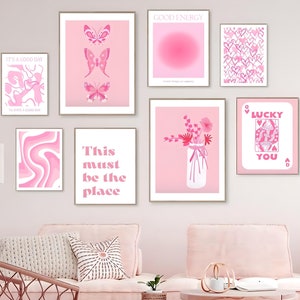 Set van 9 roze abstracte meisje kunst aan de muur | Vlinder | Positieve energie | Citaatposters | Meisjesslaapkamer | Tienermeisje afdrukken | Kinderkamer decor meisje