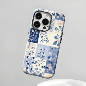 Coquette Blue Patchwork, Cottagecore Floral, for iPhone 17 16 15 14 13 12 Plus Pro Max, Compatible with Samsung S25 S24 S23 S22 Plus Ultra