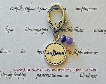 Chron's, Lupus, Pancreatic Cancer, Neuropathy, Thyroid Cancer, Epilepsy, Fibromyalgia, Purple Ribbon Believe Zipper Pull, Purple Awareness