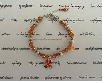 M.S., CRPS, RSD, COPD, Leukemia, Juvenile Diabetes, Kidney Cancer, Melanoma, Orange Ribbon Awareness Bracelet, Awareness Bracelet