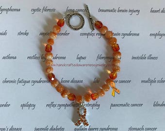 Orange Ribbon Awareness Bracelet: Crystal Ribbon, Ceramic Beads
