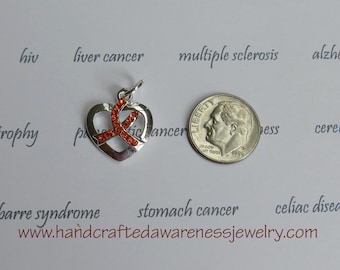 Sterling Silver Plated, Heart, Crystal Orange Ribbon, Awareness Charm, Orange Ribbon Awareness, M.S., CRPS, RSD, Leukemia, COPD, Lupus