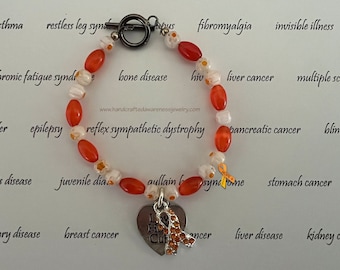 M.S., COPD, RSD, CRPS, Juvenile Diabetes, Melanoma, Leukemia, Awareness Ribbon Bracelet, Orange Ribbon Bracelet, Orange Crystal Ribbon Charm