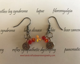 M.S., CRPS, RSD, COPD, Leukemia, Juvenile Diabetes, Kidney Cancer, Melanoma, Awareness Beaded Earrings, Red & Orange Swarovski