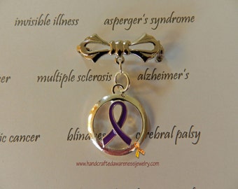 Purple Ribbon Brooch, Purple Ribbon Charm, Fibromyalgia, Chron's, Alzheimer's, Migraines, ADHD, Epilepsy, Sterling Silver Plated Pin