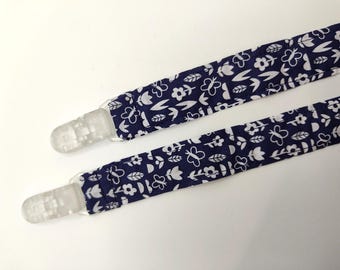 Long Dummy Pacifier Clip (Min 50 cm) - Navy / White Flowers (Free UK Delivery)