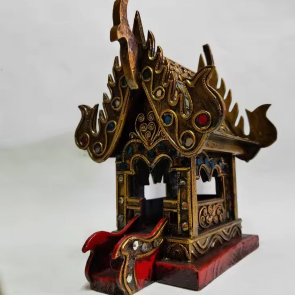 Small Thai Spirit House - Handcrafte for Blessing and Protection Made of Wood Decorated with Colored Stained Glass