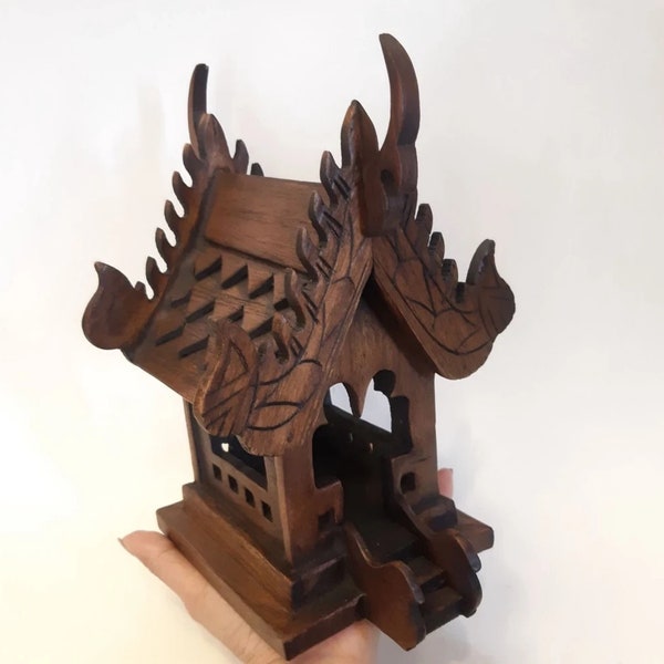 Small Thai Spirit House - Handcrafted Shrine for Blessings and Protection Brown Color