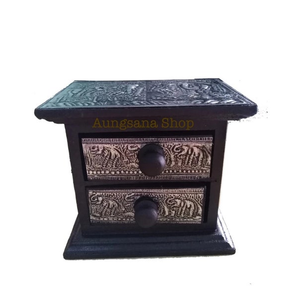 Thai Elephant Pattern Wooden Drawer Box with Silver Plates - 2-Level Storage for Small Knick-Knacks