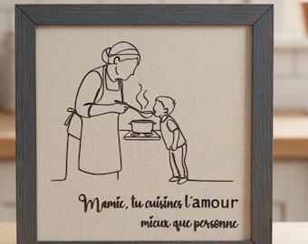 Personalisierter Oma-Mama-Rahmen Kind, Drahtkunst 3D auf Leinen, Muttertagsgeschenk Großmutter original, aus Frankreich