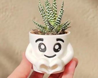 Kawaii face planter pot, cute succulent original, fun desk decoration, 3D printed France, heart hands