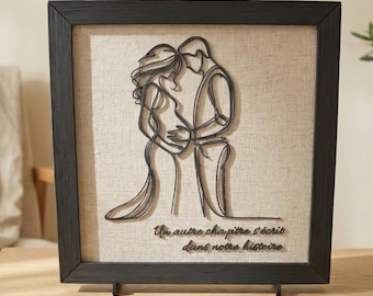 Personalisierter Schwangerschaftsrahmen Drahtkunst 3D auf Leinen, Baby-Shower-Geschenk werdende Eltern, aus Frankreich