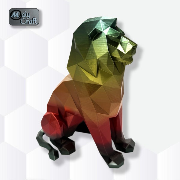 Statue lion low poly, imprimé en 3D - Cadeau de décoration de la maison, salon, bureau, étagère design déco moderne figurine animaux