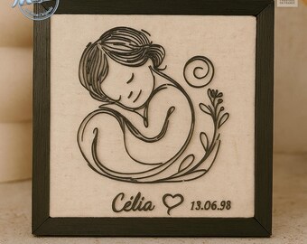 Personalisierter Mädchen-Geburtsrahmen Name Datum, 3D-Druck auf Leinen, Taufgeschenk Baby, aus Frankreich