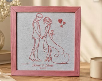 Personalized wedding frame names date, wire art 3D on linen, unique couple gift, handmade in France