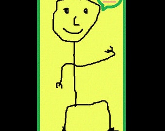 May include: A stick figure drawing on a yellow background with a green border. The figure is black and has a smiling face and an arm raised in a greeting gesture. A speech bubble above the figure says "Hi!" in red.