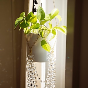 May include: A white ceramic hanging planter with a gold chain and crystal accents. The planter holds a vibrant green plant with large leaves. The crystals hang in strands, adding a decorative touch to the plant holder.