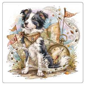 Puede incluir: Una ilustración estilo acuarela de un Border Collie blanco y negro con un pañuelo beige. El perro está frente a un mapa antiguo, una brújula de latón y banderines pequeños. Líneas onduladas, huellas de patas y estrellas rodean al perro.